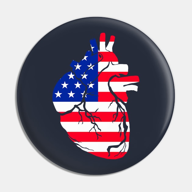 USA Flag Heart, Anatomical Design Pin by Bun Art Store