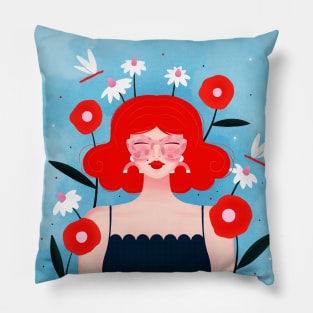 Happy girl with flowers and dragonflies, version 2 Pillow