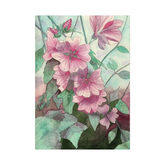 Pink hollyhocks watercolour painting by esvb