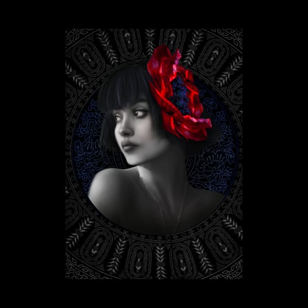 Black and white red flower girl portrait digital artwork by Relaxing Art Shop