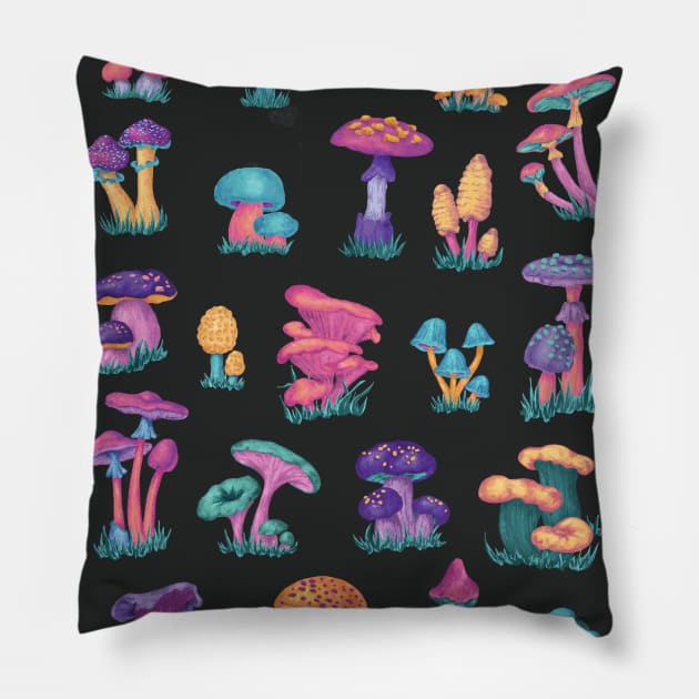 Colorful Vintage Mushroom Chart Pillow by rosiemoonart