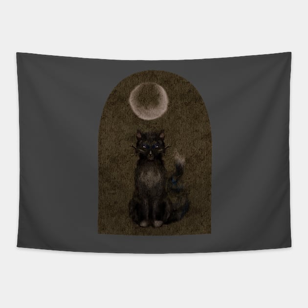 Gothic Black Cat Moon Watercolor Painting Witchy Aesthetic Tapestry by penandbea