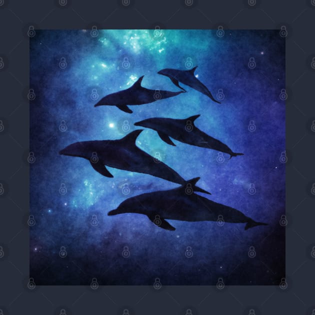 School of dolphins swimming through the ocean by Off the Page