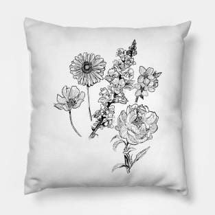 Flower Sketch Illustration - Gerbera, Snapdragon, Rose, Plum Blossom, Cosmos Pillow