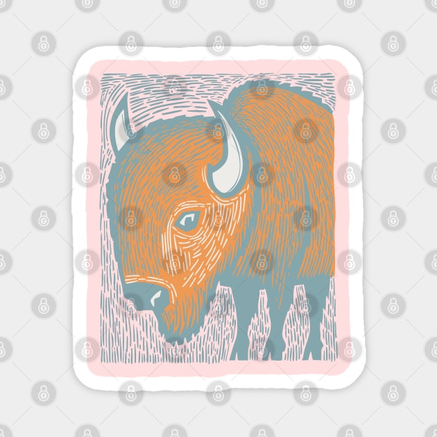 Majestic American Bison - Great Plains Linocut Magnet by TuncGK