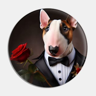 Bull terrier dog in formal tuxedo with rose Pin