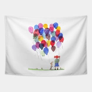 Girl with balloons whimsical watercolor illustration Tapestry