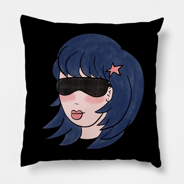 Pepette Star Light, Dreams & Love Beautiful Blue Haired Girl With Sunglasses and a Star Barrette Rockstar Blue Hair Lover Perfect Gift for Blue Haired Girl Hair Pin Blushing Woman Cute Girl Design Pillow by nathalieaynie