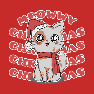 Meowwy Christmas Kitty Wearing Santa Hat T-Shirt