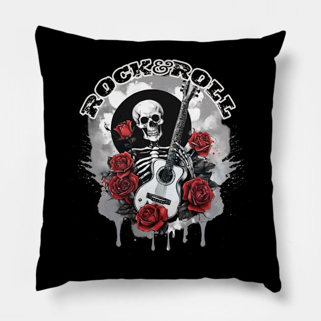 Skeleton ,Guitar and Roses - Rock and Roll Pillow by Merilinwitch