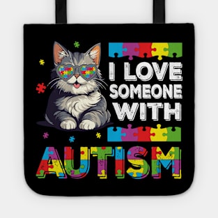 I Love Someone With Autism Funny Autism Awareness Cat Kids Puzzles Tote