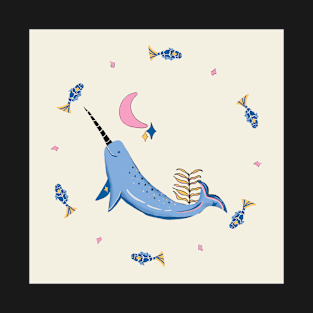 Narwhal with fishes - blue, pink, yellow T-Shirt