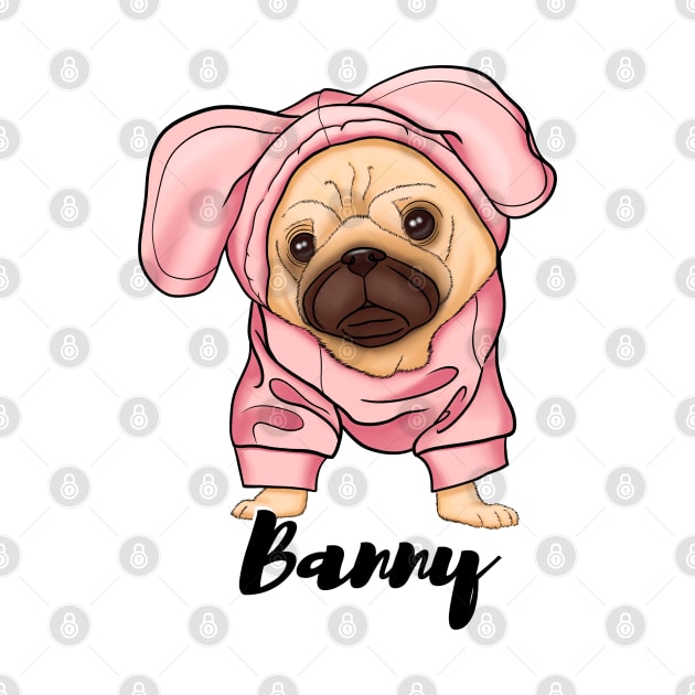 Cute pug puppy, pink bunny by Kuchinska design