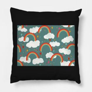 Clouds, rainbows and love hearts on a teal background Pillow
