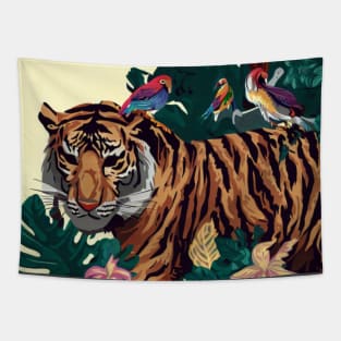 A design inspired by the lush and exotic landscapes of the jungle, featuring animals such as tigers, monkeys, and parrots. Tapestry