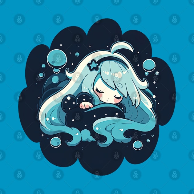 Adorable Anime Chibi Aquarius Zodiac Sleeping Little Astro Girl by The Little Store Of Magic