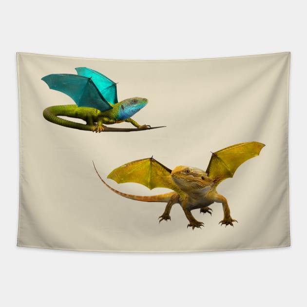 Yellow and Blue Dragon on Pink Tapestry by Elizabeths-Arts