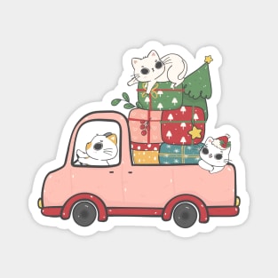 cute Christmas doodle cats and friends on car cartoon green and red Magnet