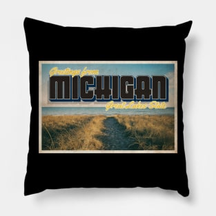 Greetings from Michigan - Vintage Travel Postcard Design Pillow