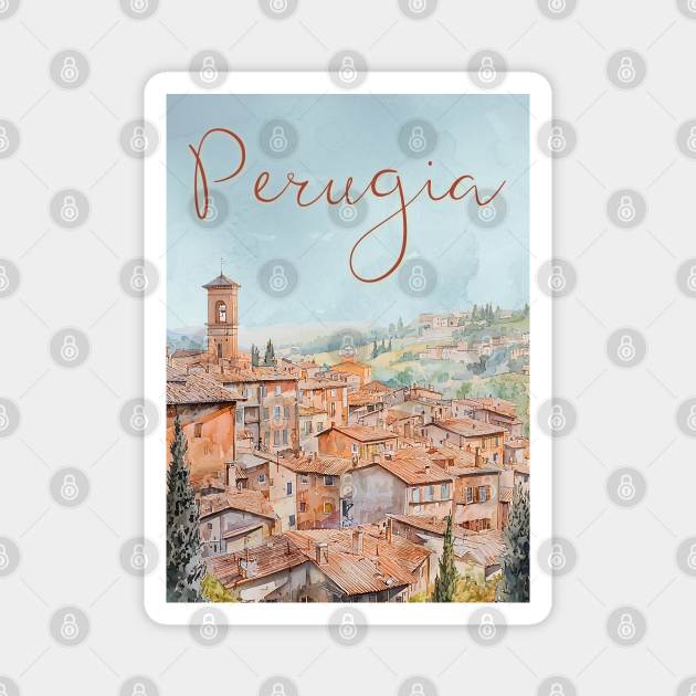 Perugia Italy Watercolor Poster – Tuscany Travel Wall Art Magnet by TuncGK