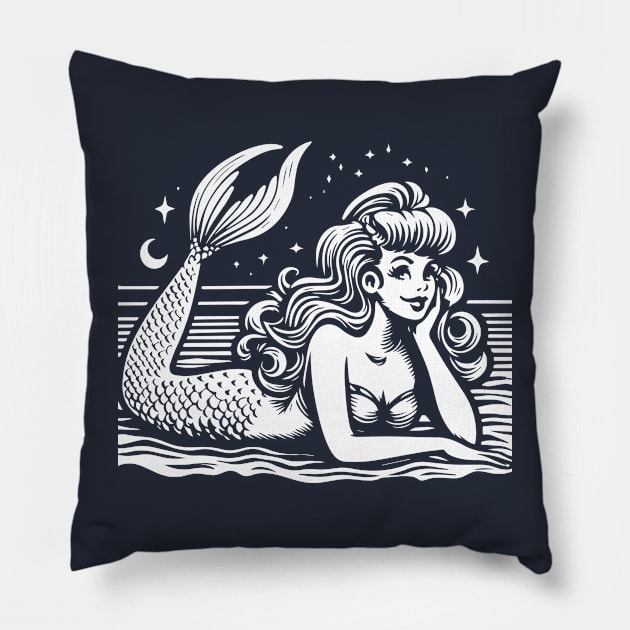 Linocut Mermaid Pillow by n23tees