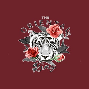 The oriental king slogan with b/w tiger face and red roses T-Shirt