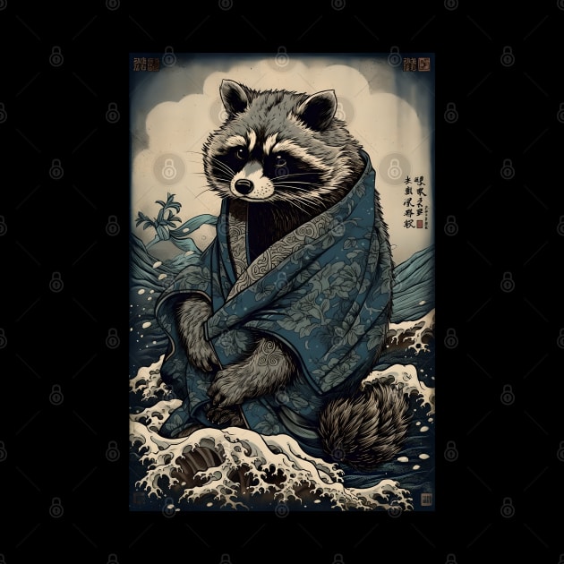 Raccoon and Waves - Traditional Japanese Ukiyoe Painting by cocorf