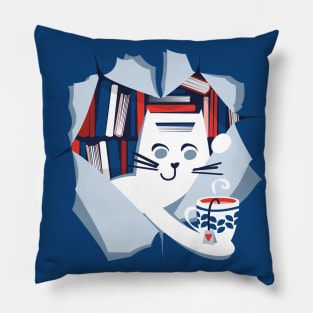 Bookish cat // white cat with tea mug neon red flesh coral white classic and pastel blue books Pillow