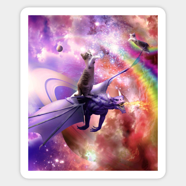 Rainbow Space Cat On Dragon - Dragon - Sticker