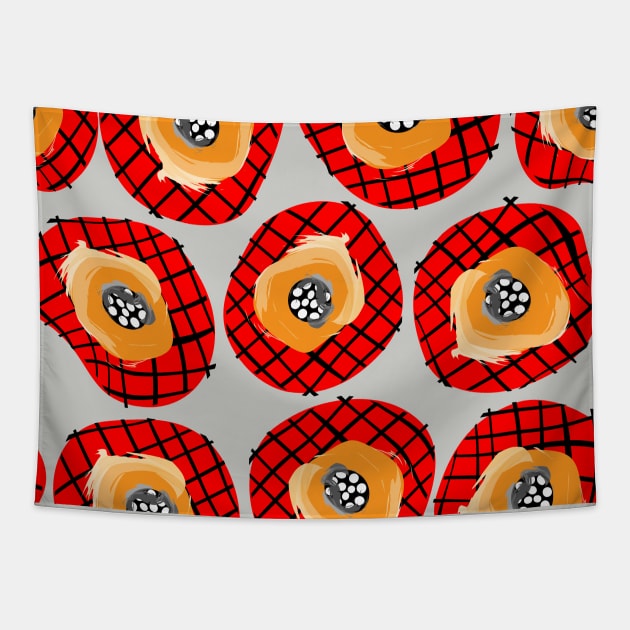 Irregular Red circles with Black Hatch Yellow Orange and Black Center. Tapestry by LizzyizzyDesign