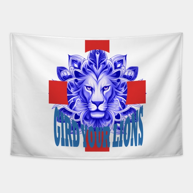 Gird Your Lions Fun Text English Idiom Blue Color Tapestry by taiche