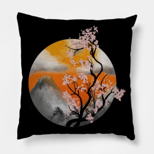 Japanese cherry tree watercolor painting with mountains Pillow