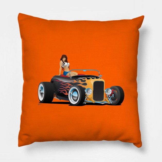 Custom Hot Rod Roadster Car with Flames and Sexy Woman Pillow by hobrath