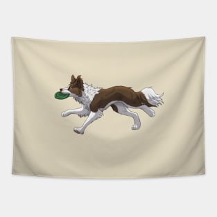 Running Brown Border Collie with Frisbee Tapestry