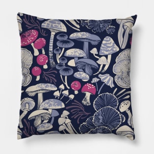 Mystical fungi // midnight blue background ivory pale blue and dark pink wild mushrooms Pillow