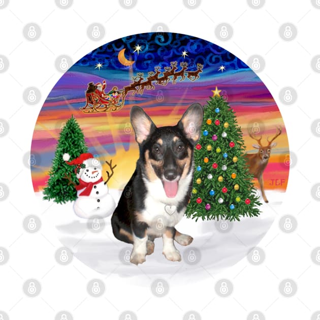 Santa's Sunset Take Off with a Tri Colored Welsh Corgi Puppy by Dogs Galore and More