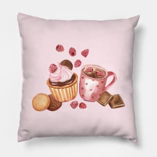 Raspberry cupcake and Hot Chocolate Watercolor Illustration Pillow