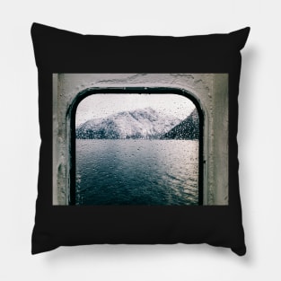 Norwegian Fjord During Winter Shot Through Wet Ferry Window Pillow