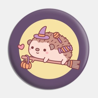 Cute Little Hedgehog Witch Flying On A Broom Halloween Pin