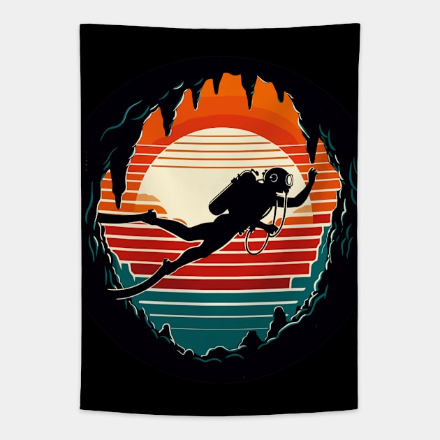 Retro Cave Diving Explore Tapestry by TomFrontierArt