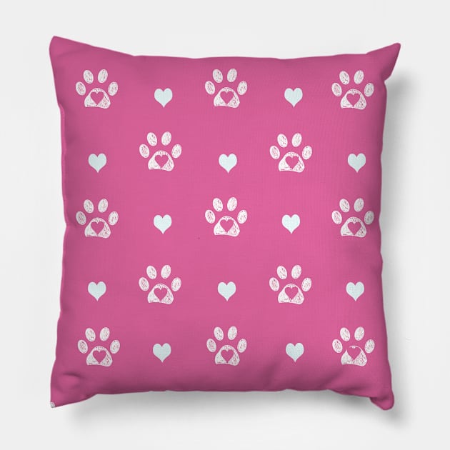 White doodle paw prints with pink hearts and pink background Pillow by GULSENGUNEL