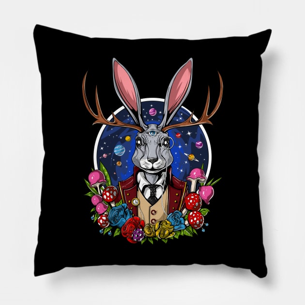 Jackalope Psychedelic Rabbit Pillow by underheaven