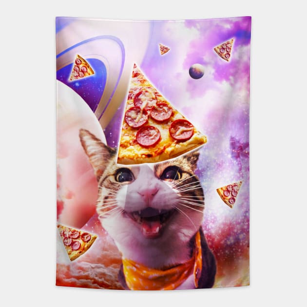 Space Galaxy Cat With Pizza Tapestry by Random Galaxy