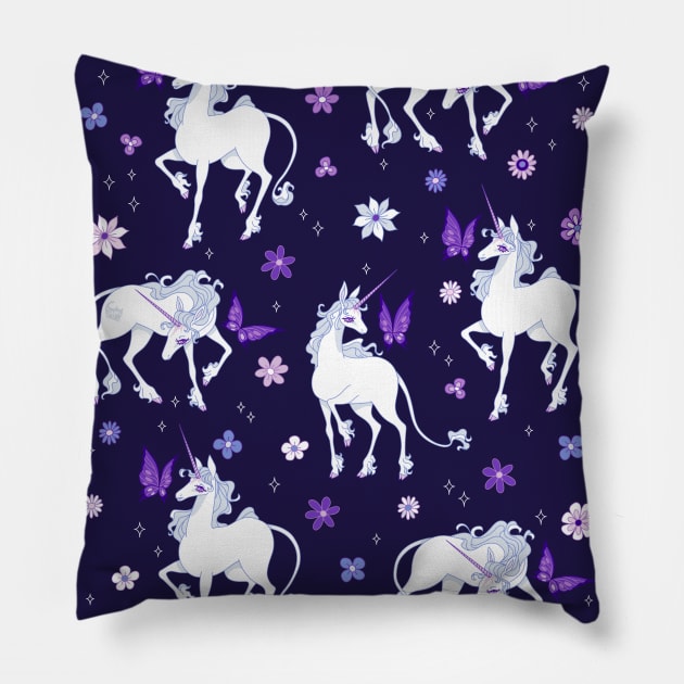 The Last Unicorn and the Butterfly Floral Pattern Pillow by DajonAcevedo