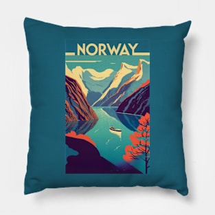 A Vintage Travel Art of the Fjords in Norway Pillow