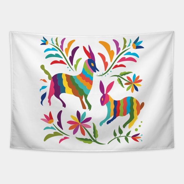 Mexican Otomí Floral Composition with animals by Akbaly Tapestry by Akbaly