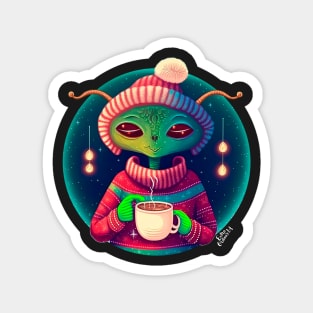 Christmas Funny Alien Drinking Coffee Wearing Sweater Magnet