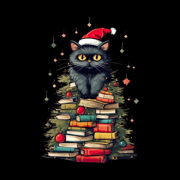 Christmas Cat Books Tree watercolor by AliZaidzjzx