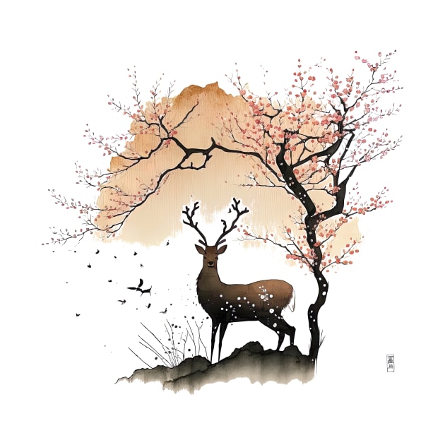 Sumi-e Style Nara Deer and Sakura by geekmethat