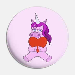 An adorable pink unicorn hugging a red heart Pin